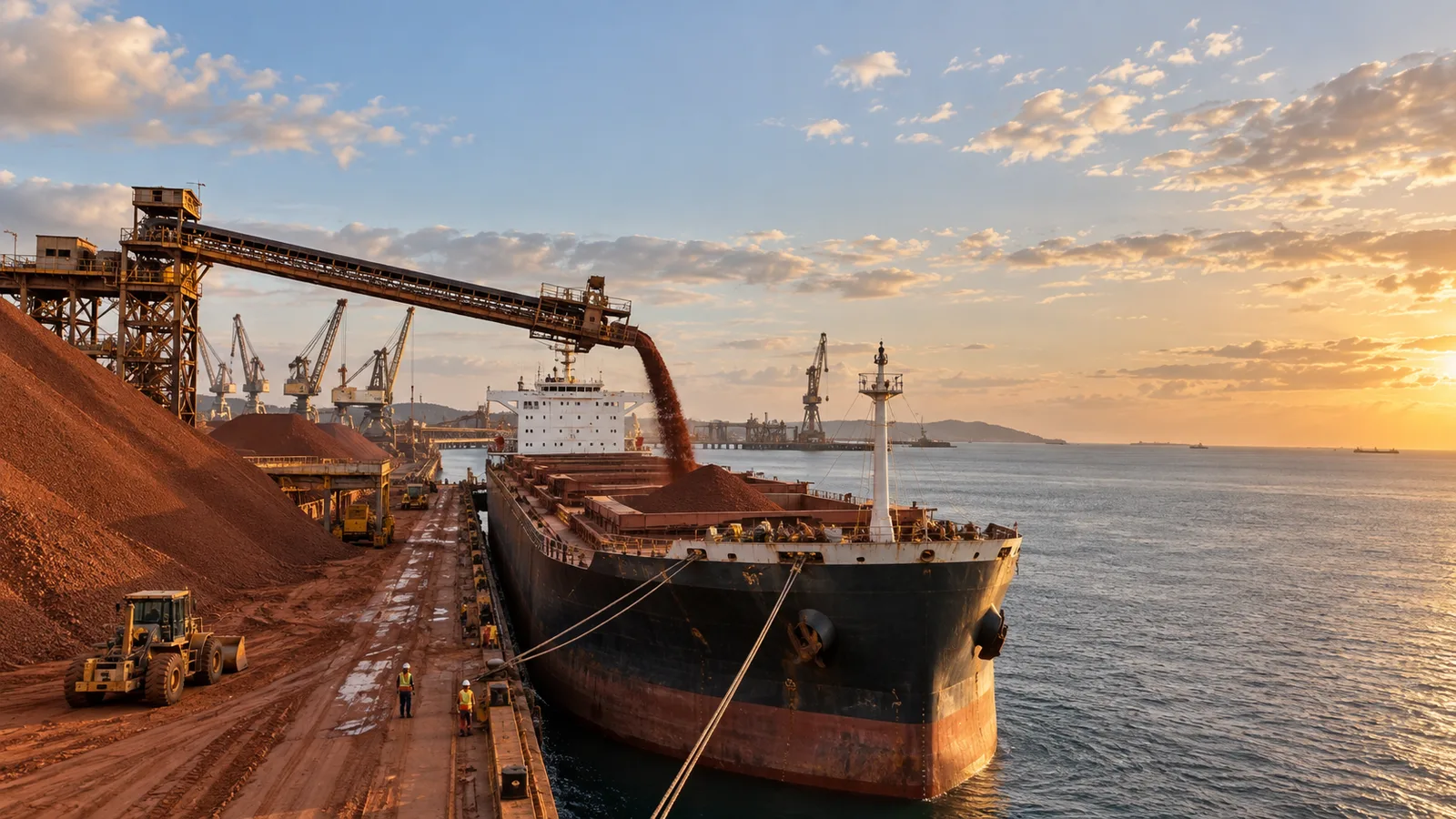 Vraquier à quai chargé de bauxite par un long convoyeur depuis un stock de minerai, lumière de fin de journée