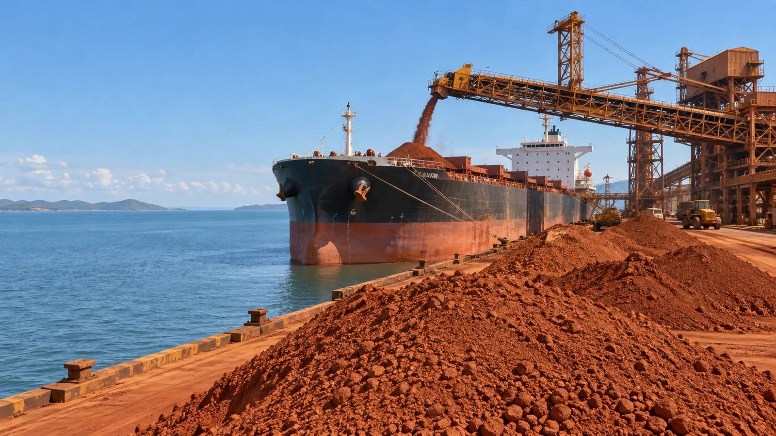 Vraquier chargé de bauxite rouge par convoyeur dans un terminal minéralier, tas de minerai au premier plan