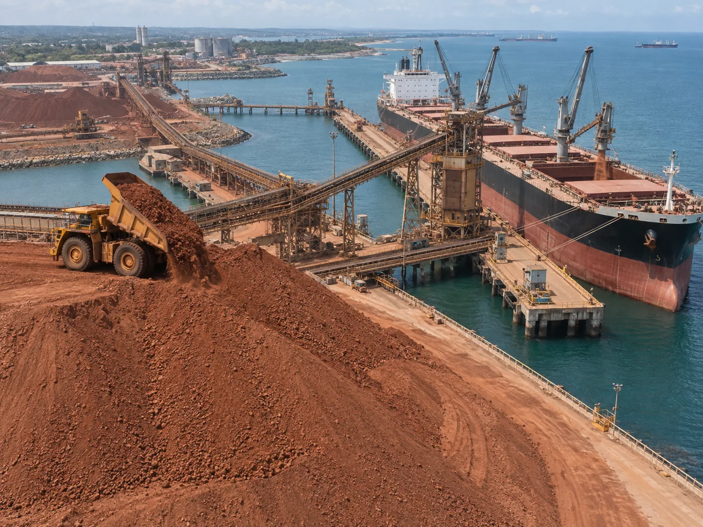 Vue aérienne d'un camion déchargeant de la bauxite sur un stock près d'un vraquier à quai