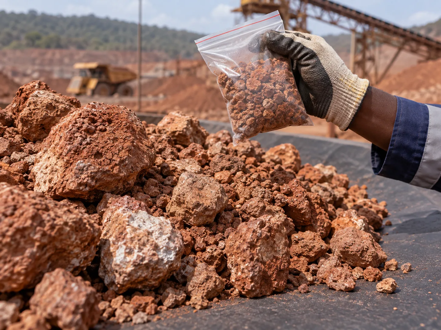 Main gantée tenant un sachet d'échantillon de bauxite au-dessus d'un tas de minerai rouge