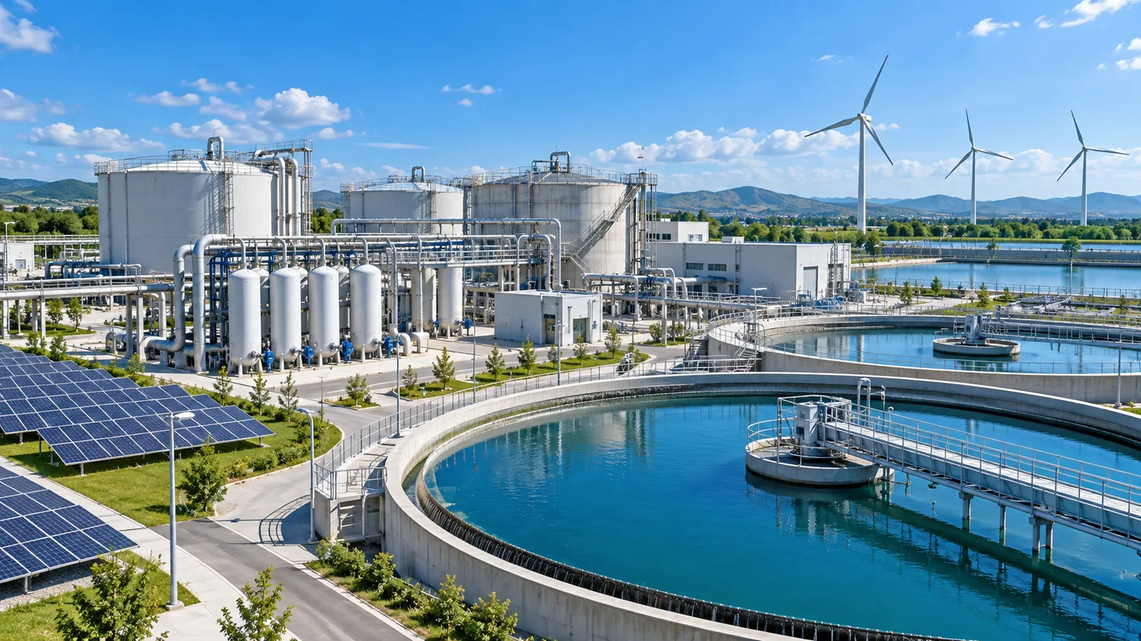 Installation industrielle de traitement d'eau et d'énergies renouvelables, ciel dégagé