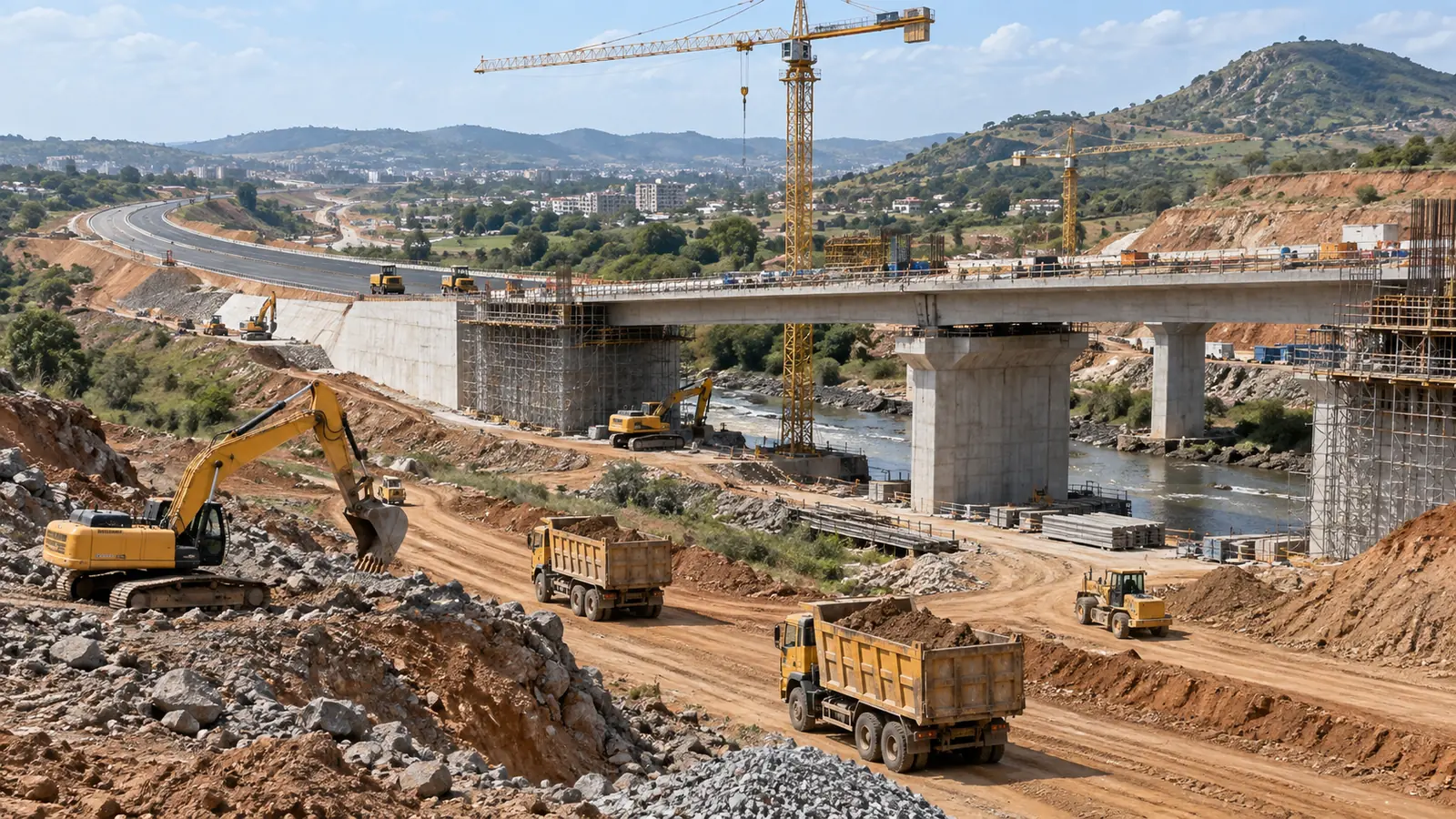 Chantier d'infrastructure routière avec grues, vue large en journée