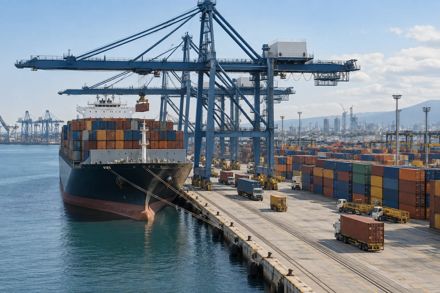 Port de commerce avec conteneurs et navire cargo, grues portuaires