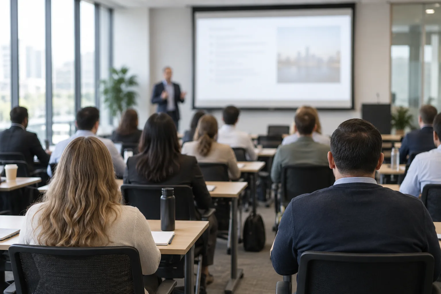 Salle de formation professionnelle vue depuis le fond, participants de dos