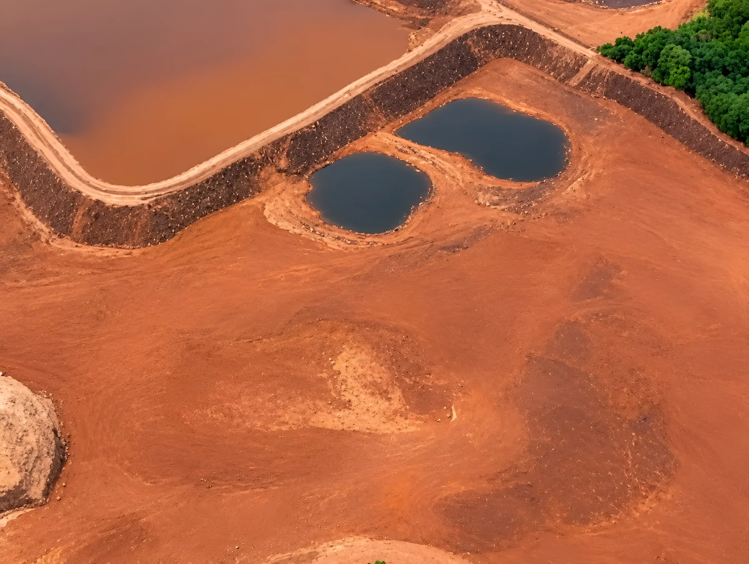 Vue aérienne d'un site d'extraction de bauxite : terre rouge, bassins, digue et végétation